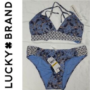 Lucky Brand Blue Paisley Halter Bikini Swimsuit Set Womens Medium‎ NWT